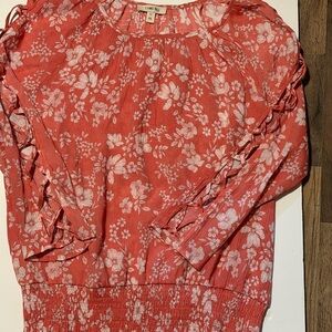 Como Blu Coral Floral Women's Top Long sleeve open design smocked bottom Sz L